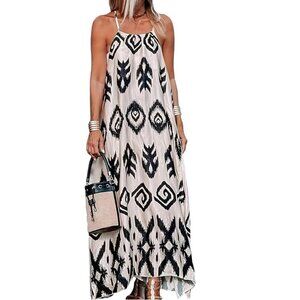 NIB - Womens Maxi Summer Dress, Pink with Black Geometric Pattern - 1X, 2X, 3X